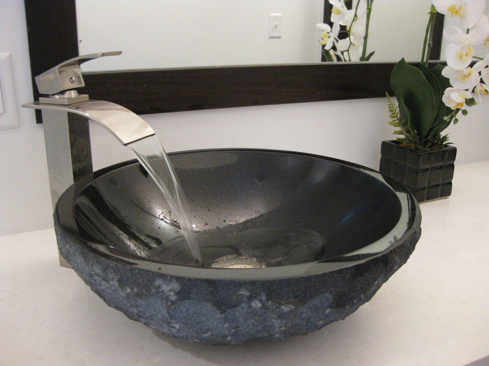 Novatto Absolute Natural Granite Vessel Sink and Drain, Brushed Nickel