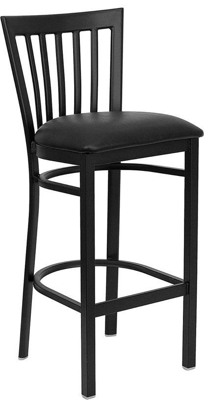 Black School House Back Metal Restaurant Barstool, Black Vinyl Seat