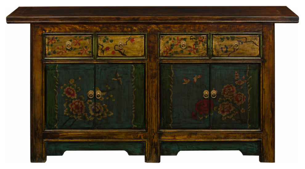 Bird and Flower Motif Elmwood Distressed Altar Style Tibetan Sideboard