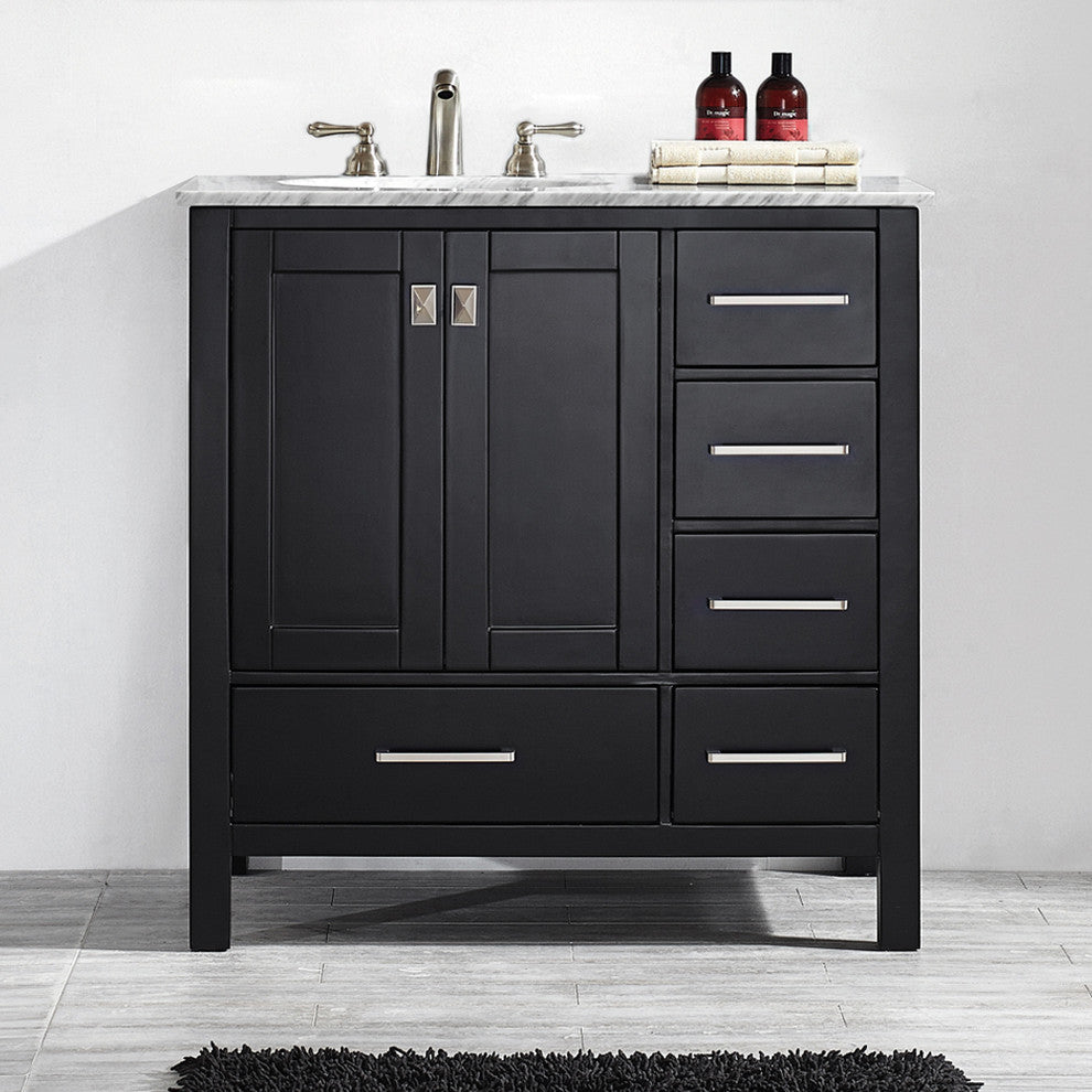 Gela 36" Vanity in Espresso with Carrara White Marble Countertop Without Mirror