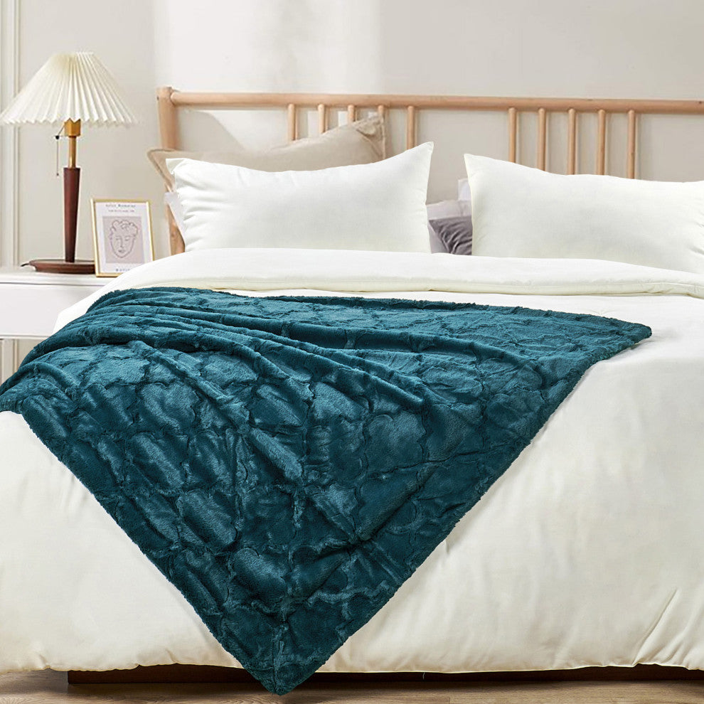 Ashley Brushed Faux Fur & Matching Sherpa Borrego Backing Throw, Dark Teal, 50" X 60"