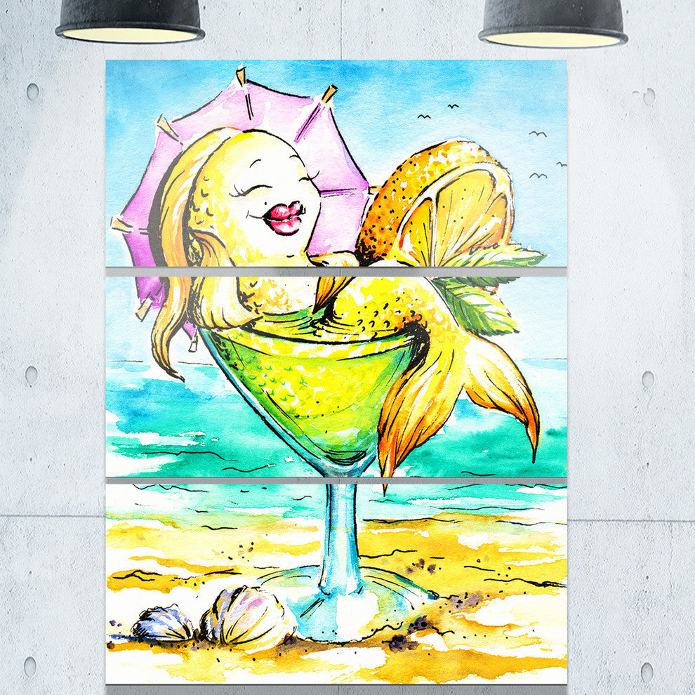 "Gold Fish Enjoying Holidays Beach" Cartoon Metal Wall Art, 3 Panels, 28"x36"