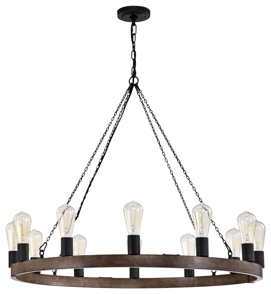 Mia 12-light Faux Wood Metal Chandelier Round Wheel With Black Sleeves