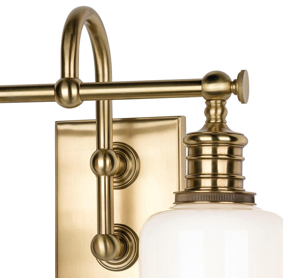 Keswick 2-Light Bath and Vanity With Opal Glossy Glass Shade, Aged Brass