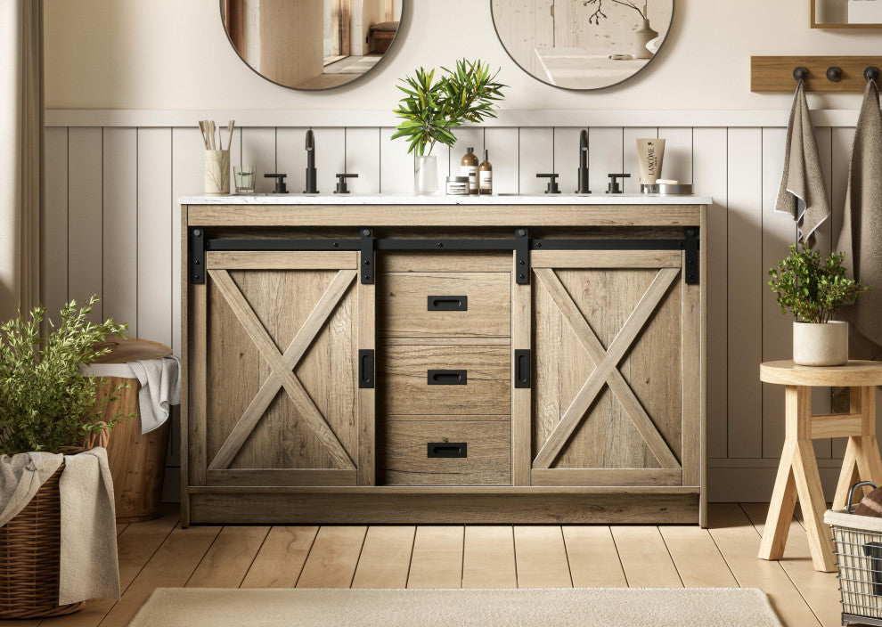 Home Living 54" Double Bathroom Vanity, Natural Oak