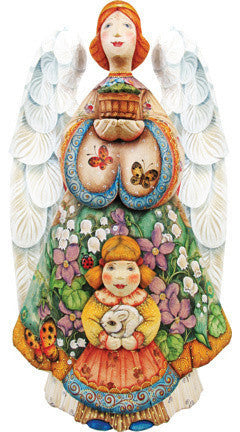Summer Angel With Girl, Woodcarved Figurine