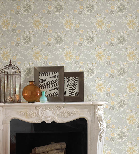 Contemporary Floral Wallpaper, Yellow and Gray, Sample
