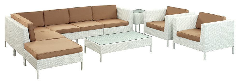 Modern Urban Outdoor Patio Rattan and Wicker 9 Pieces Sectional Set, White Mocha