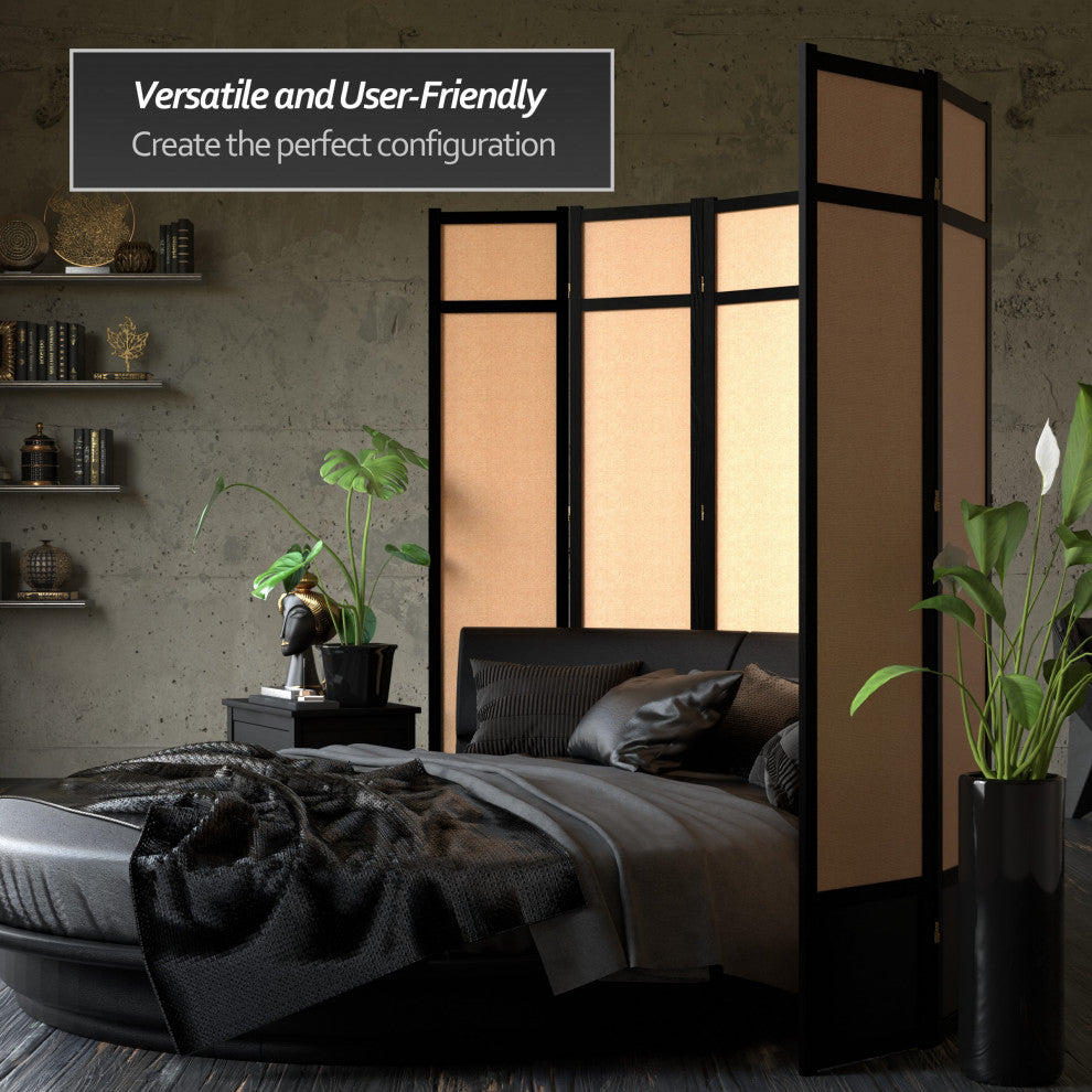 7' Tall Jute Shoji Screen, 4 Panel, Black