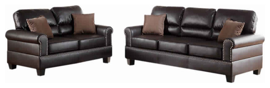 Bonded Leather 2 Pieces Sofa Set With Pillows In Brown