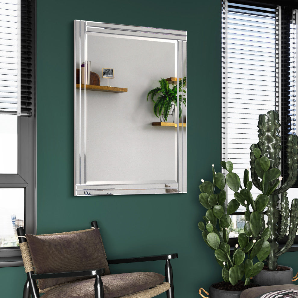 Stepped Beveled Rectangle Wall Mirror, Solid Wood Frame, 1" Center Mirror, 30" X 40"