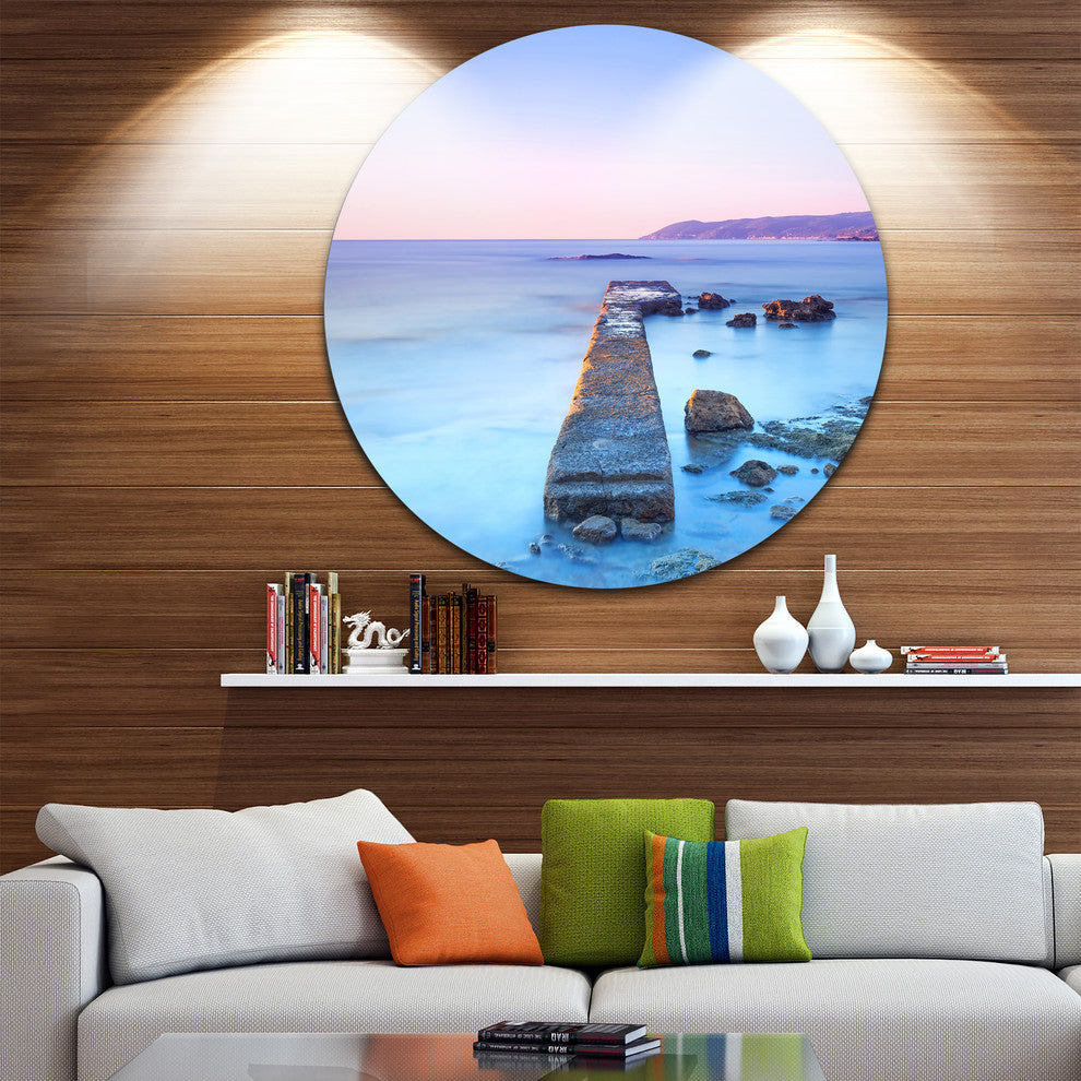 Purple Sea And Sky, Seascape Photo Round Metal Wall Art, 11"