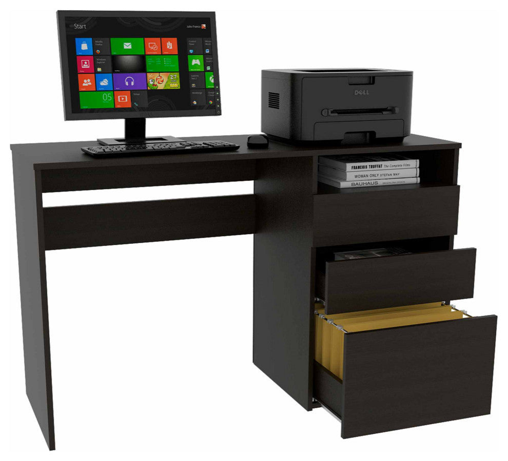 Louisiana Writing Computer Desk with Open Shelf and 3 Drawers, Black