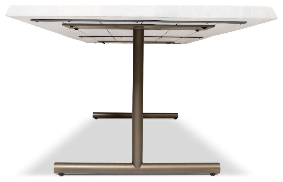Brooks Dining Table, T Base, 40"x92", White Wash Top, Brass Base