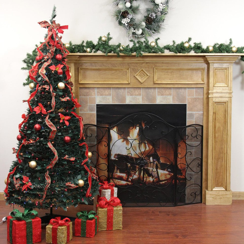 6' Pre-Lit Gold and Red Plaid Pop-Up Artificial Christmas Tree Multicolor Lights
