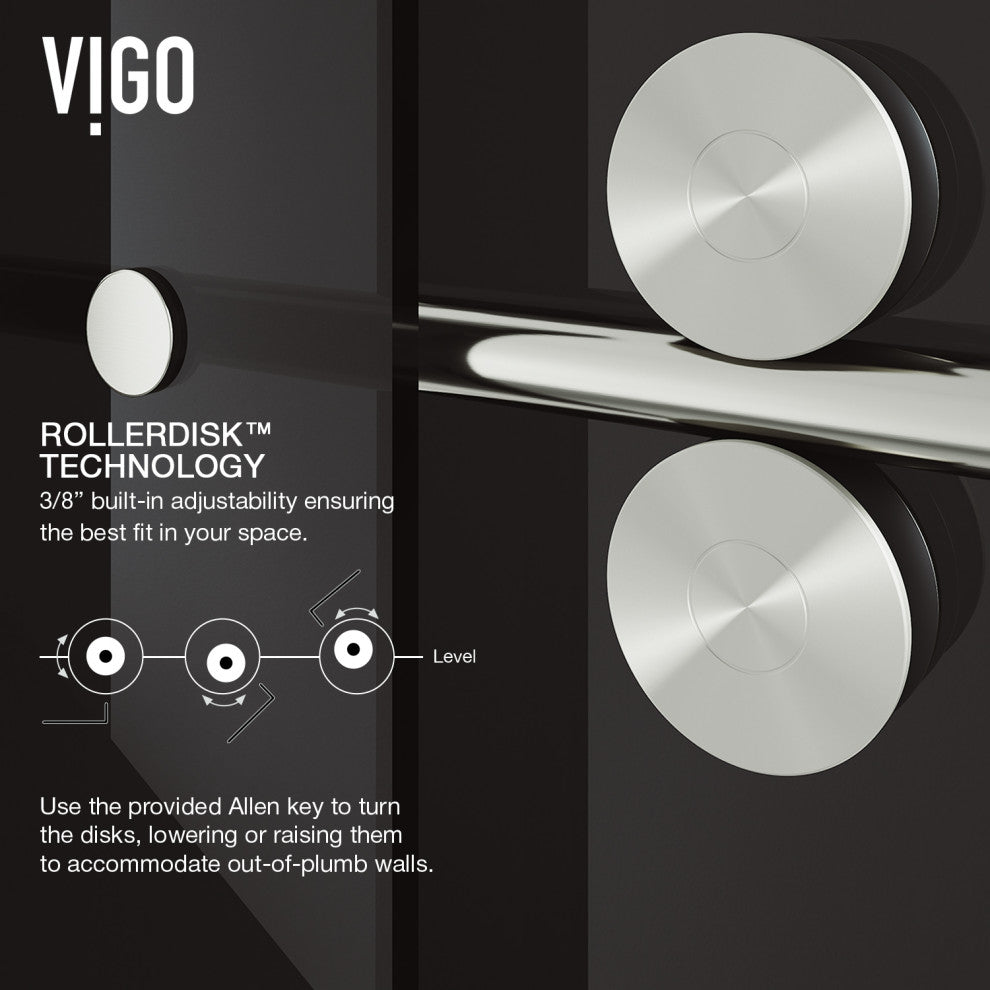 VIGO Elan 68" to 72" W x 74" H Frameless Sliding Shower Door, Stainless Steel, Black Tint Glass