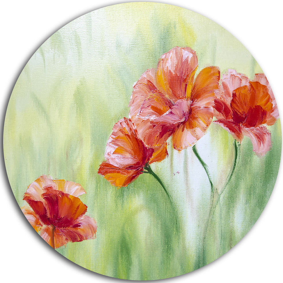 Poppies In Light Green, Floral Large Disc Metal Wall Art, 23"
