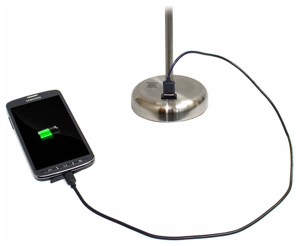 Gray Brushed Steel Lamp With Charging Outlet and Shade, Gray, Pack of 2