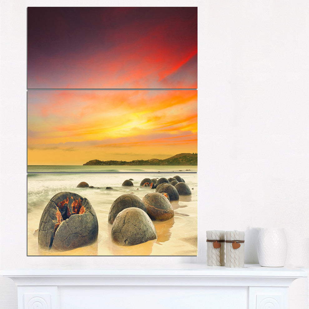 "Fantastic Moeraki Boulders View at Sunset" Metal Wall Art, 3 Panels, 28"x36"