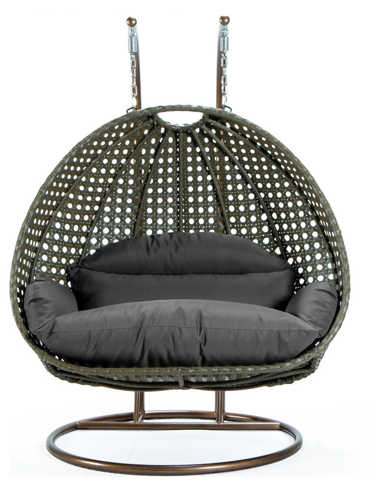 2 Person Beige Wicker Double Hanging Egg Swing Chair, Dark Gray
