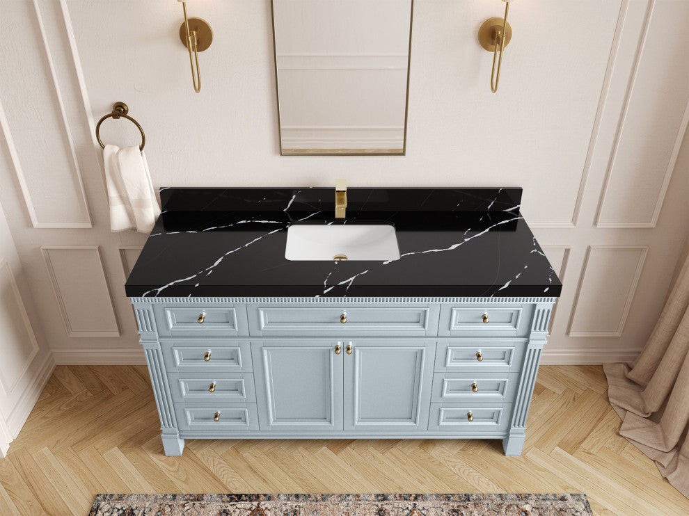 Paris 60" Single Sink Bathroom Vanity, Blue Heather 2" Calacatta Black