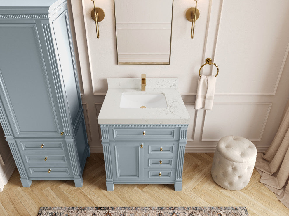 Paris 30" Single Sink Bathroom Vanity, Blue Heather 2" Empira Quartz