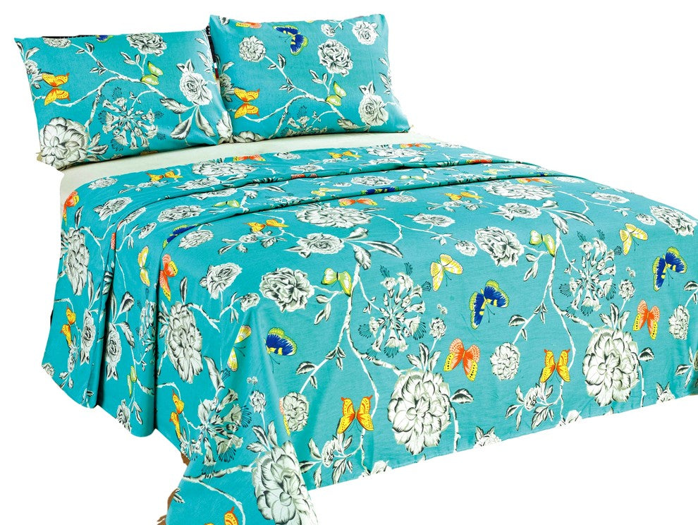 Tache Cotton Butterfly Wonderland Blue Floral Colorful Flat Sheet Set, Twin