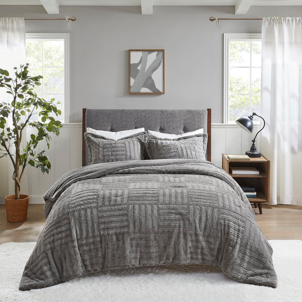 Madison Park Arctic 3-Piece Faux Faur Checkbord Comforter Set, Grey