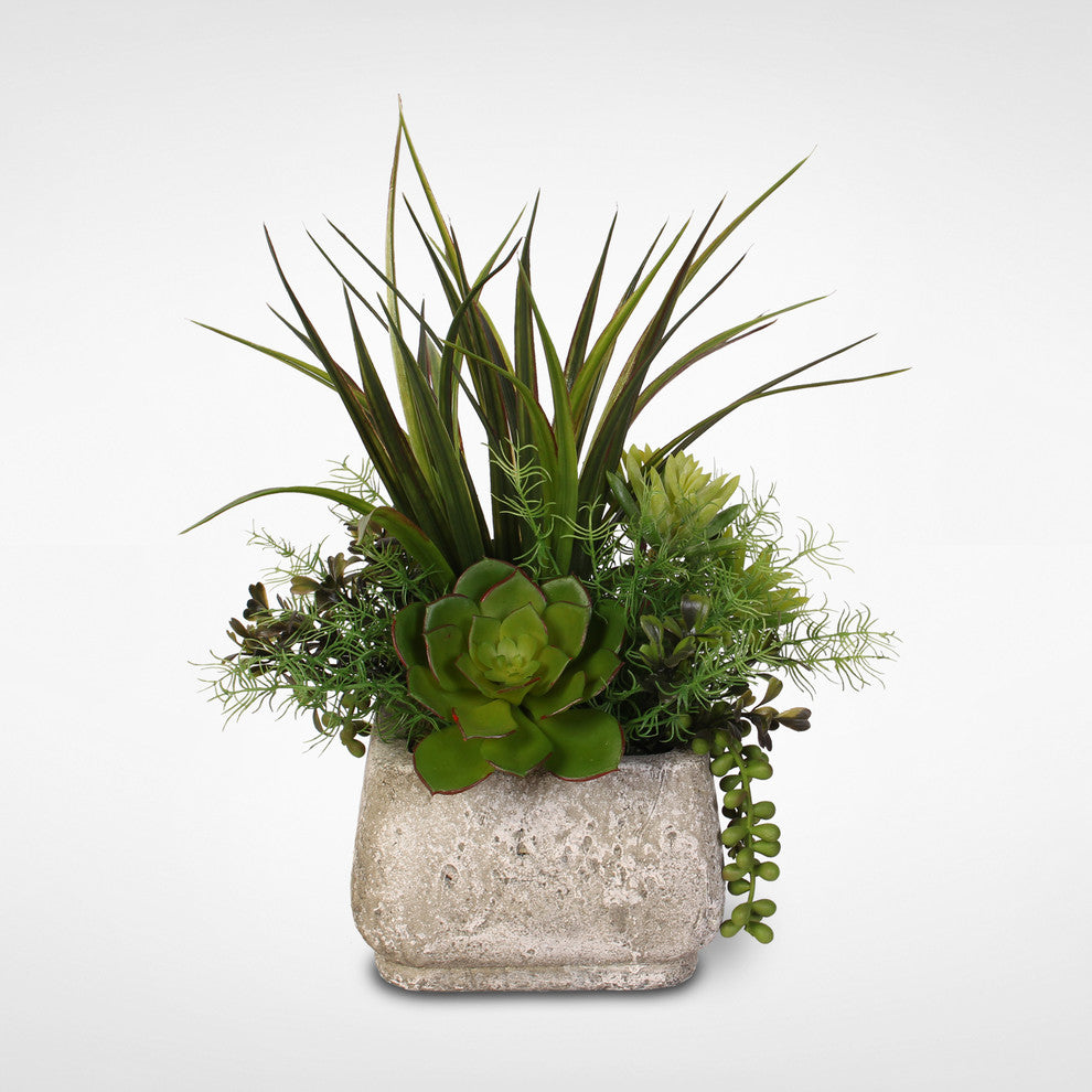 Artificial Succulent Arrangement With Grass in a Stone Pot