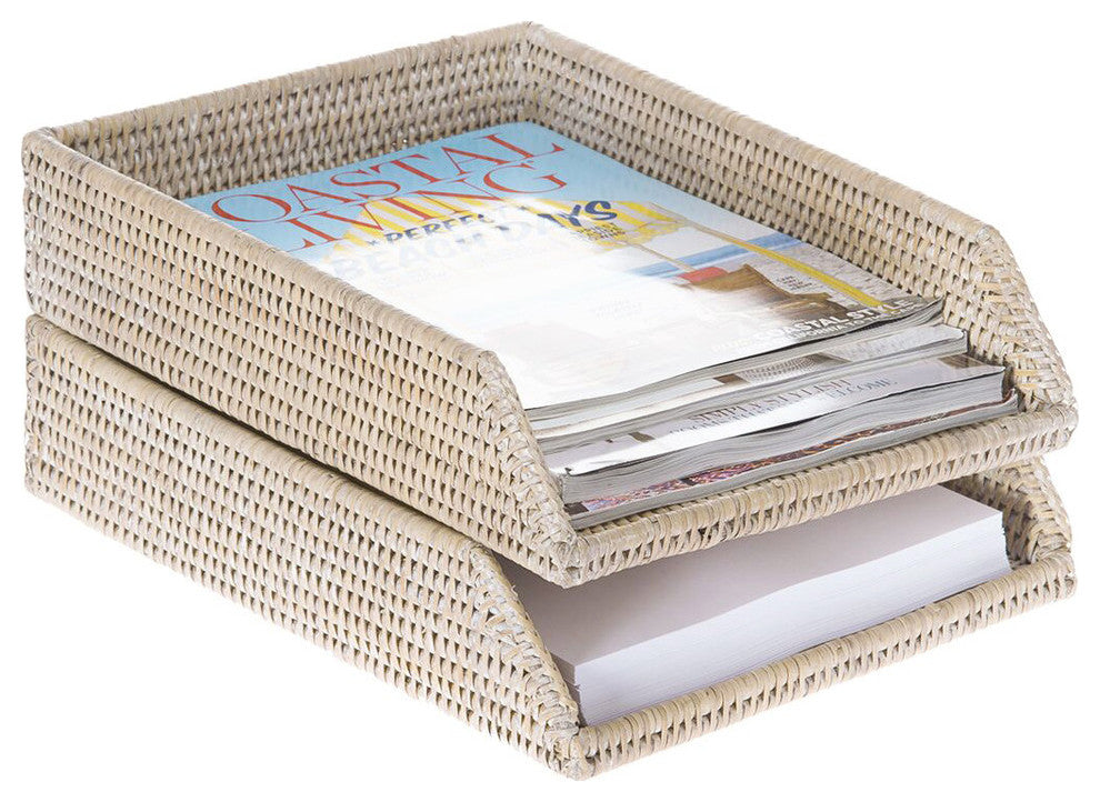 La Jolla Handwoven Rattan Stackable Letter Tray, White Wash