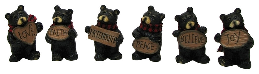Mini Resin Bear With Sign, Set of 6