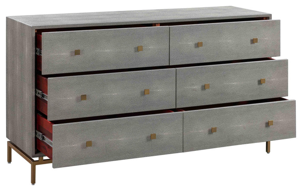Pesce Shagreen 6 Drawer Dresser, Modern Grey Luxe Glam Buffet