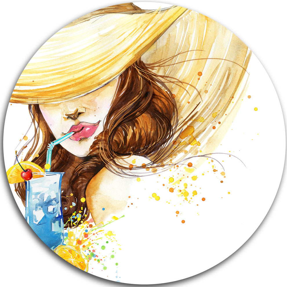 Woman With Fruit Cocktail, Abstract Round Wall Art, 38"