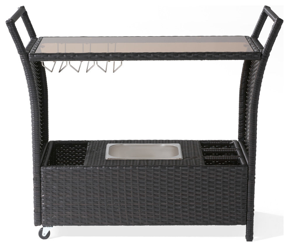 Benett Outdoor Wicker Bar Cart With Tempered Glass Top