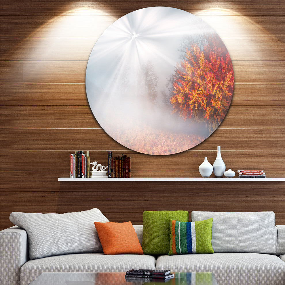 Misty Sun In Red Autumn Forest, Landscape Photo Round Wall Art, 38"