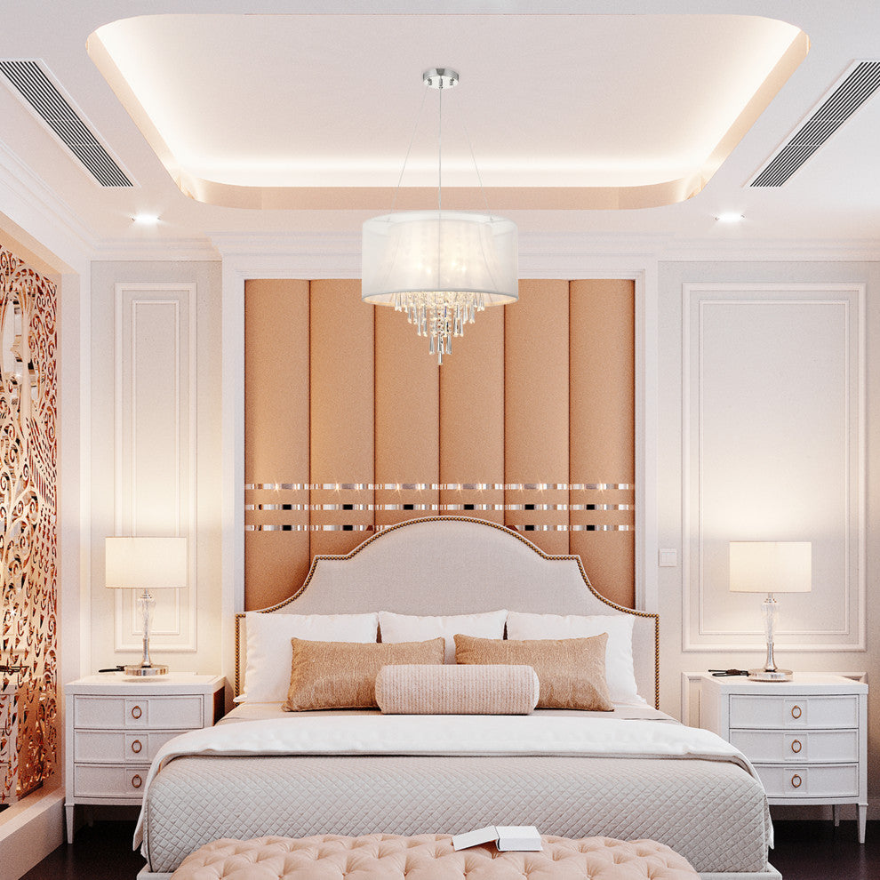 4-Light Double White Fabric Drum Shade Crystal Pendant Chandelier Glam Lighting