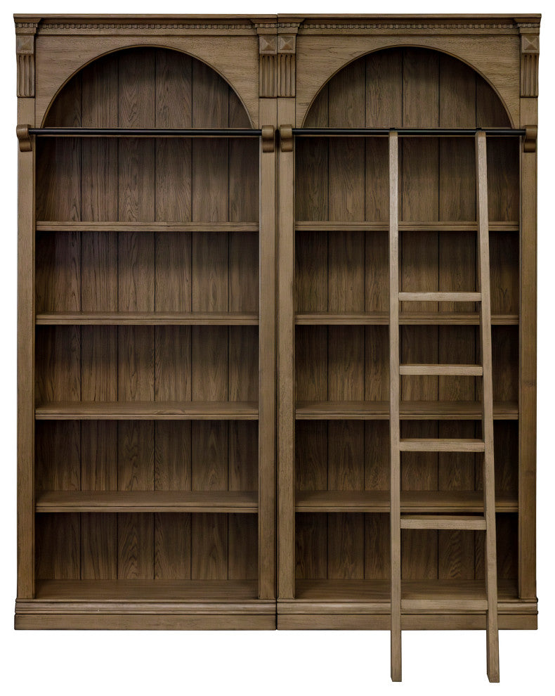 Traditional 8' Tall Bookcase Wall With Ladder, Living Room, Brown