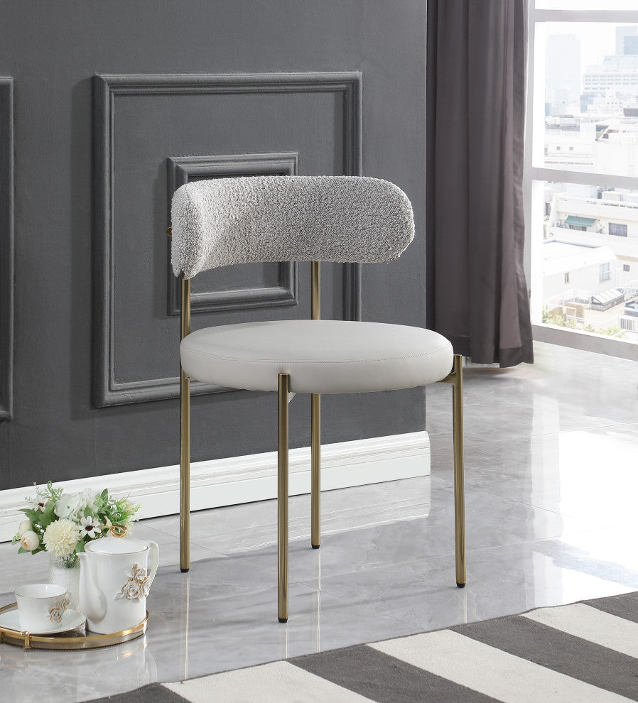 Beacon Dining Chair, Set of 2, Taupe, Vegan Leather and Boucle Fabric, Brushed Brass Finish