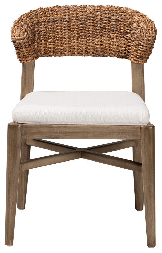 Bohemian Walnut Brown Finished Mahogany Wood and Natural Rattan Dining Chair