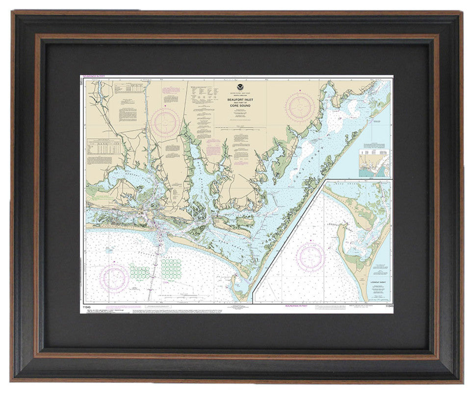 Framed Nautical Chart; Outer Banks, Beaufort Inlet and Core Sound