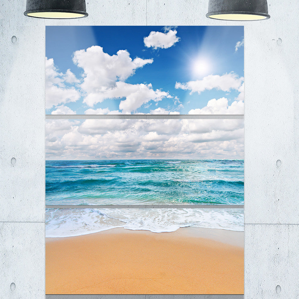 "Peaceful Seashore Under White Clouds" Beach Metal Wall Art, 3 Panels, 28"x36"