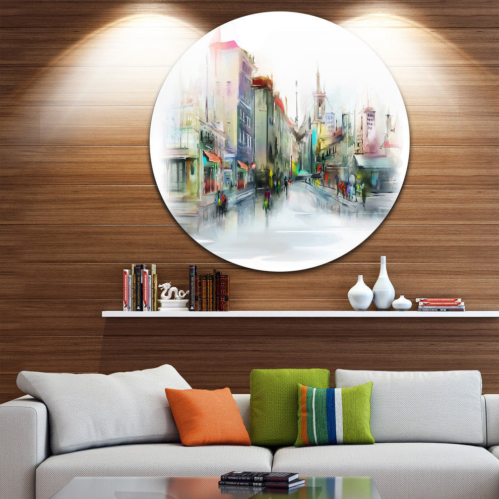 Illustration Of City Street, Cityscape Disc Metal Wall Art, 36"