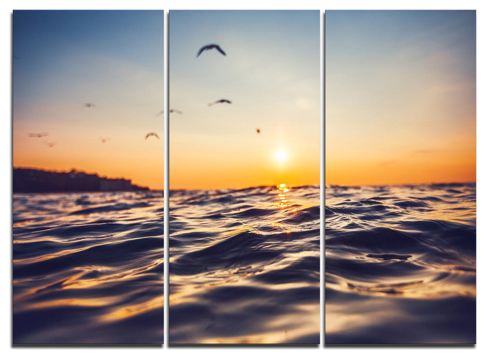 "Orange Tinged Sea Waters at Sunrise" Beach Metal Wall Art, 3 Panels, 36"x28"