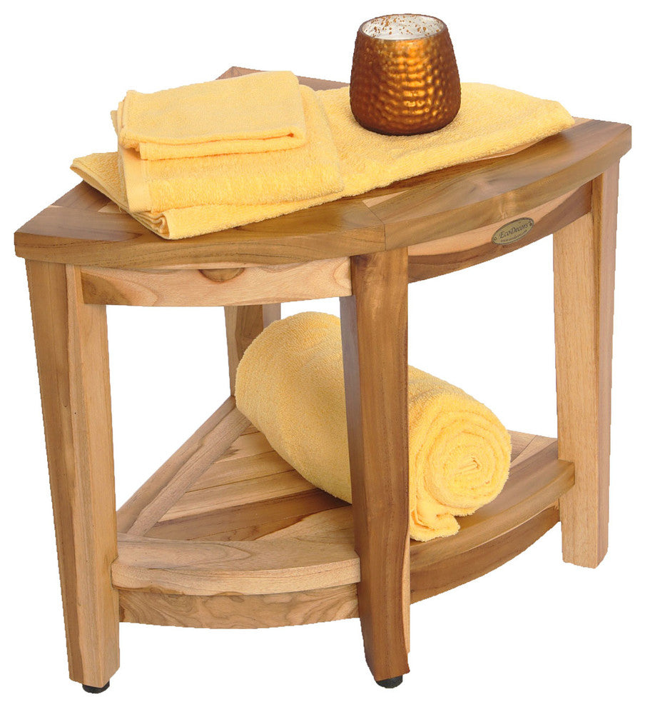 Ecodecors Earthyteak Corner Teak Shower Stool, 16"x16"x18", With Shelf