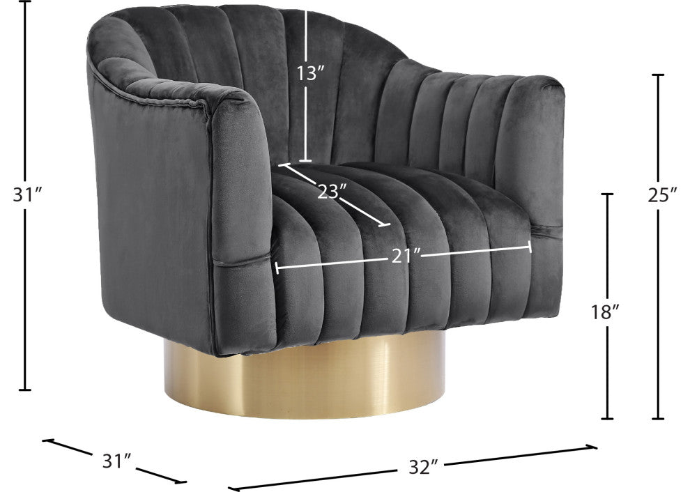 Farrah Velvet Upholstered Accent Chair, Gray, Gold Swivel Base