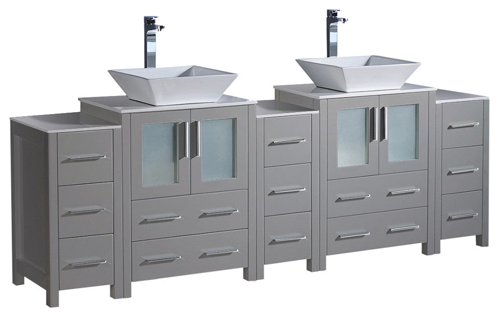 Torino Double Sink Bathroom Cabinets With Tops and Vessel Sinks, Gray 84"