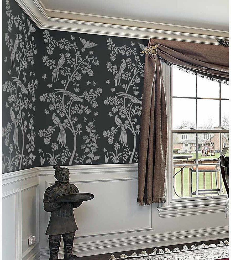 Birds and Roses Chinoiserie Wall Mural Stencil, DIY Asian Garden Decor, Small