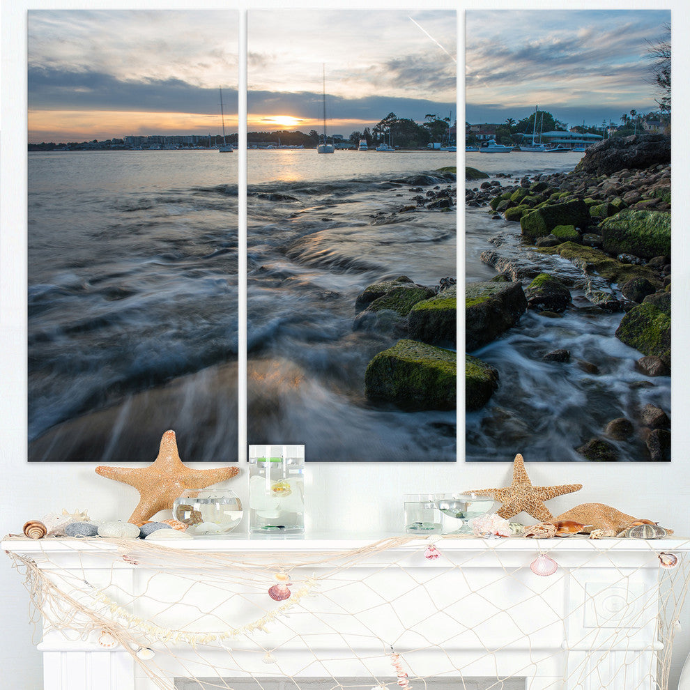 "White Waves Hitting Rocky Seashore" Metal Wall Art, 3 Panels, 36"x28"