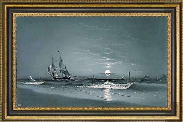 David Johnston Kennedy Entrance to Harbor Moonlight Framed Canvas Print, 27"x18"