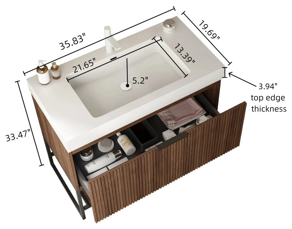 Plywood Freestanding Bathroom Vanity Set with Integrated Acrylic Sink, Walnut, 36in